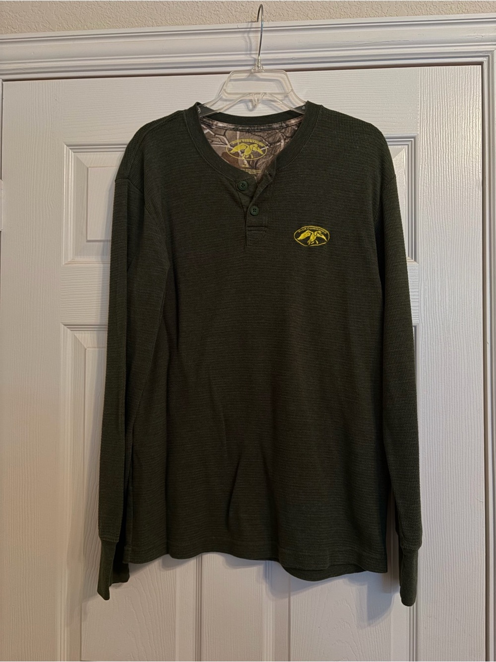 Men's Dark Green Duck Commander Henley Long-Sleeve Shirt with Yellow Logo